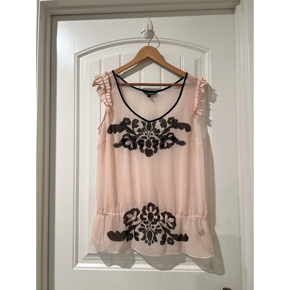 Express Peplum Ruffle Sleeve Beaded Floral Blouse Top Pink/Black Sleeveless Sz L